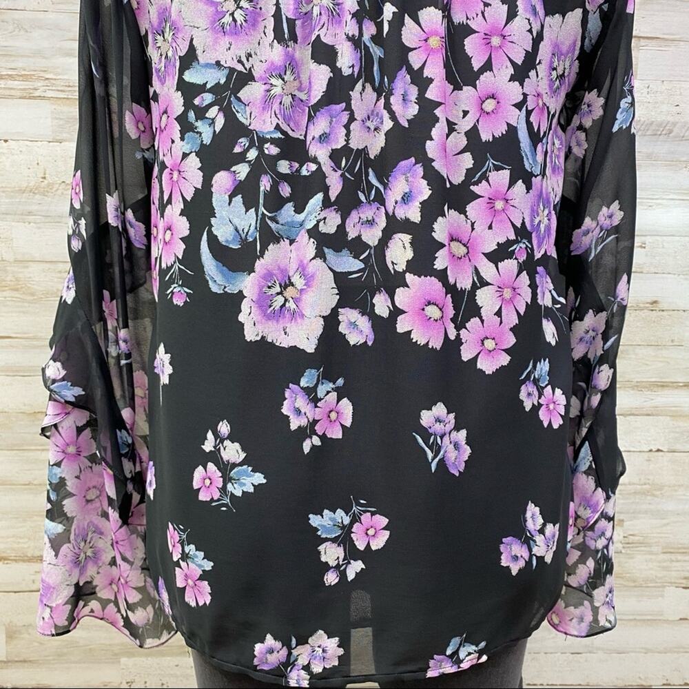 Nanette Lepore Zen Silk Floral Blouse Womens Size S Purple Black Bell Sleeve - Picture 12 of 16